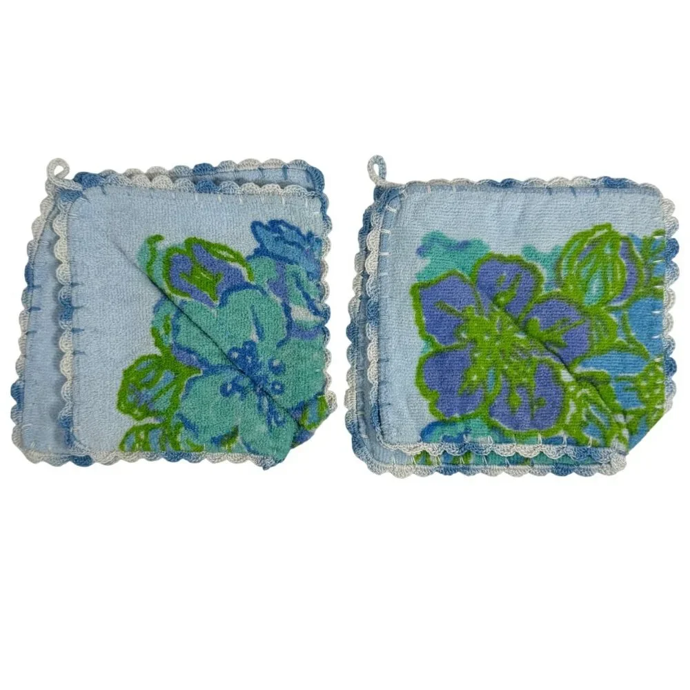 Set Of 2 1970s Floral Blue Green Potholders Crochet Trim Handmade Granny Core